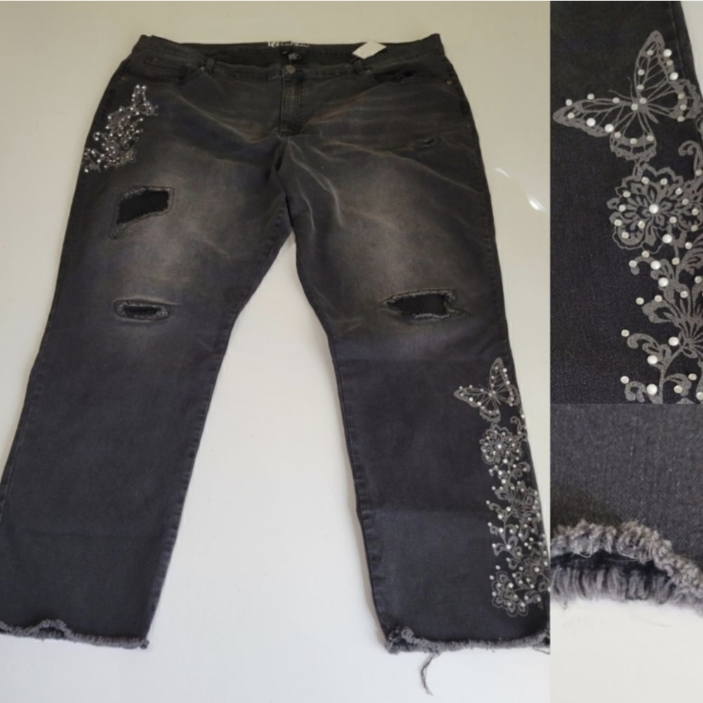 NEW 24 W boho butterfly rhinestone pearl distressed raw black stretch jeans NWT